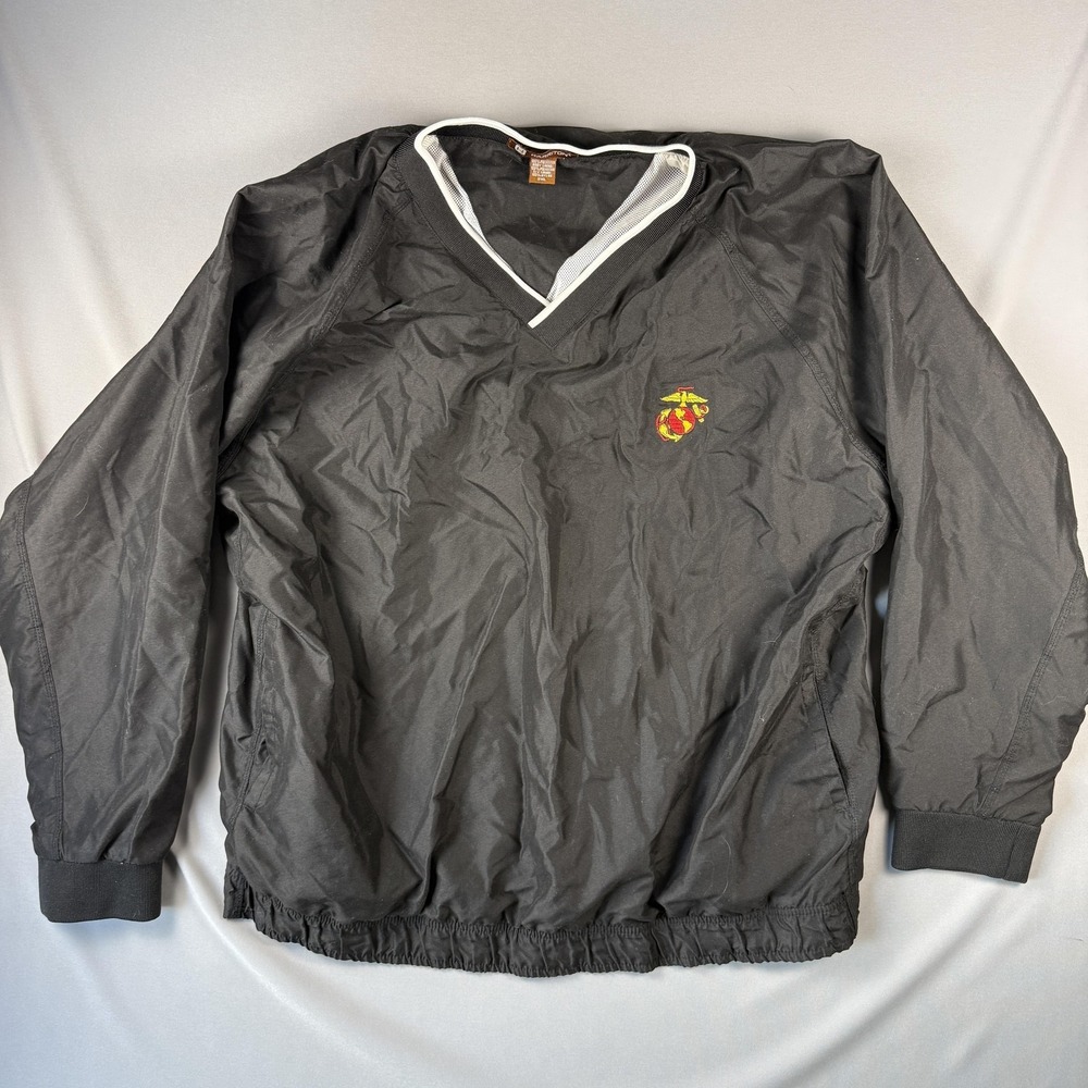 Harriton Jacket Mens 2XL Black Windbreaker Pullover USMC Marine Corps Logo